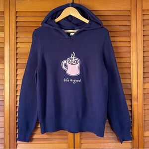 Life Is Good Sweater Women's Size Medium Hot Cocoa Pullover Knit Hooded Blue